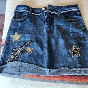 Blue Denim Mini Skirt with Star and Rocket Embroidery